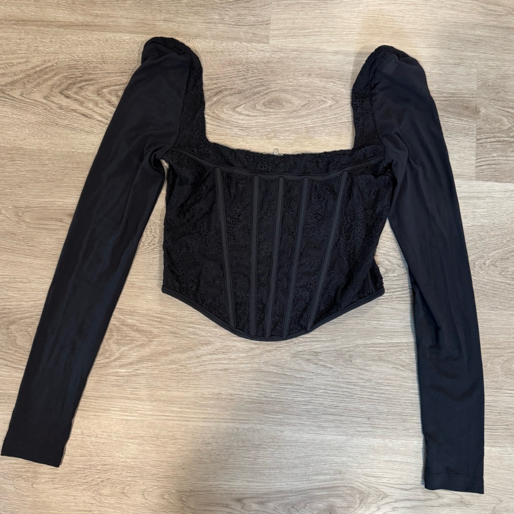 White Fox Black Puffy Mesh Long Sleeve Lace Corset Top – Size Medium